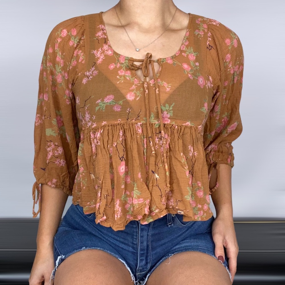 URBAN OUTFITTERS Floral Pink And Orange Ruffle Blouse‎ Bohemian Cottagecore